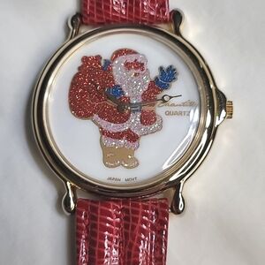 Vintage Red Sparkly Santa Wrist Watch Adjustable Leather Strap
